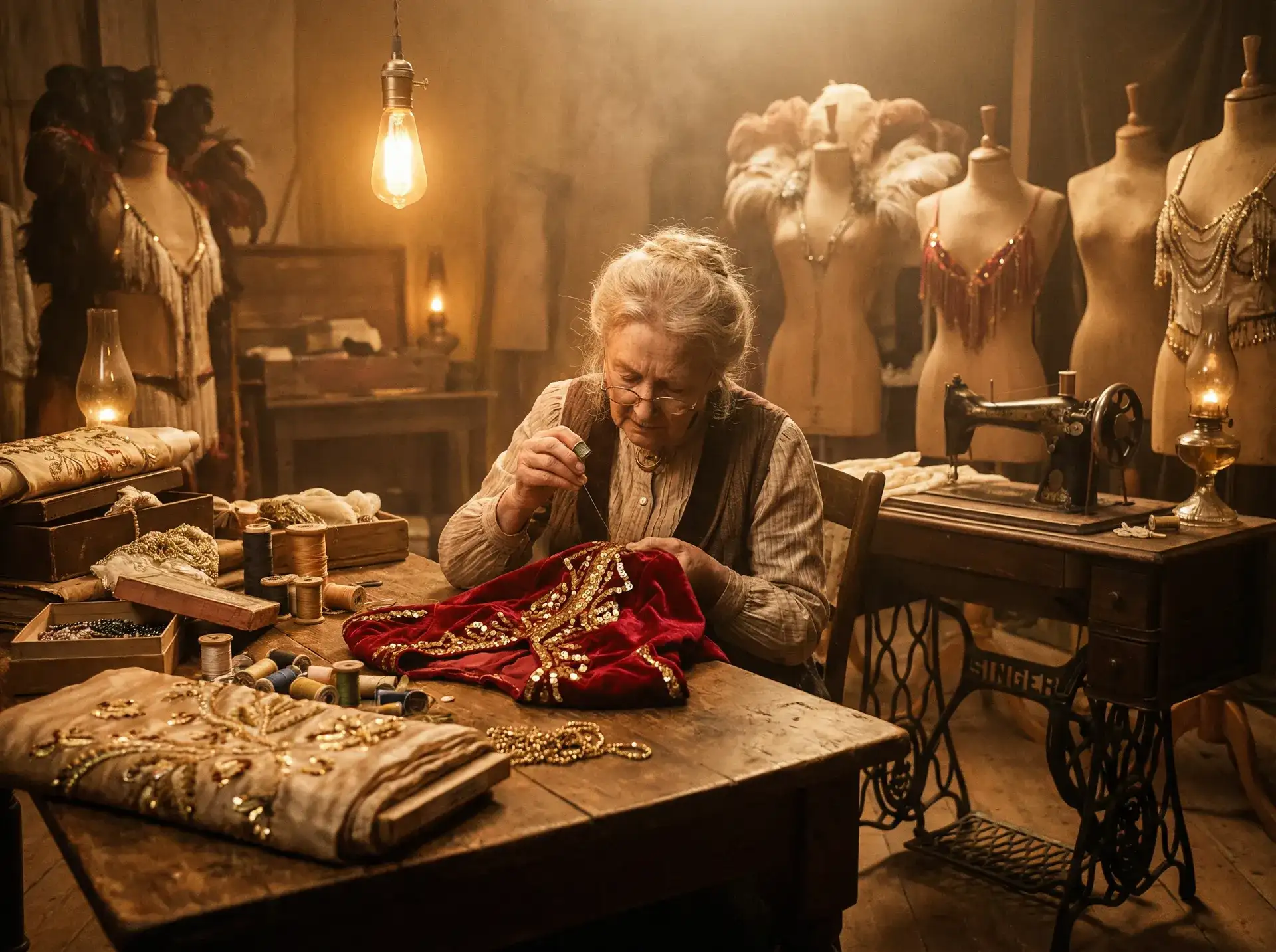 非凡娱乐 - 马戏团后台工匠精心缝制华丽演出服的珍贵场景